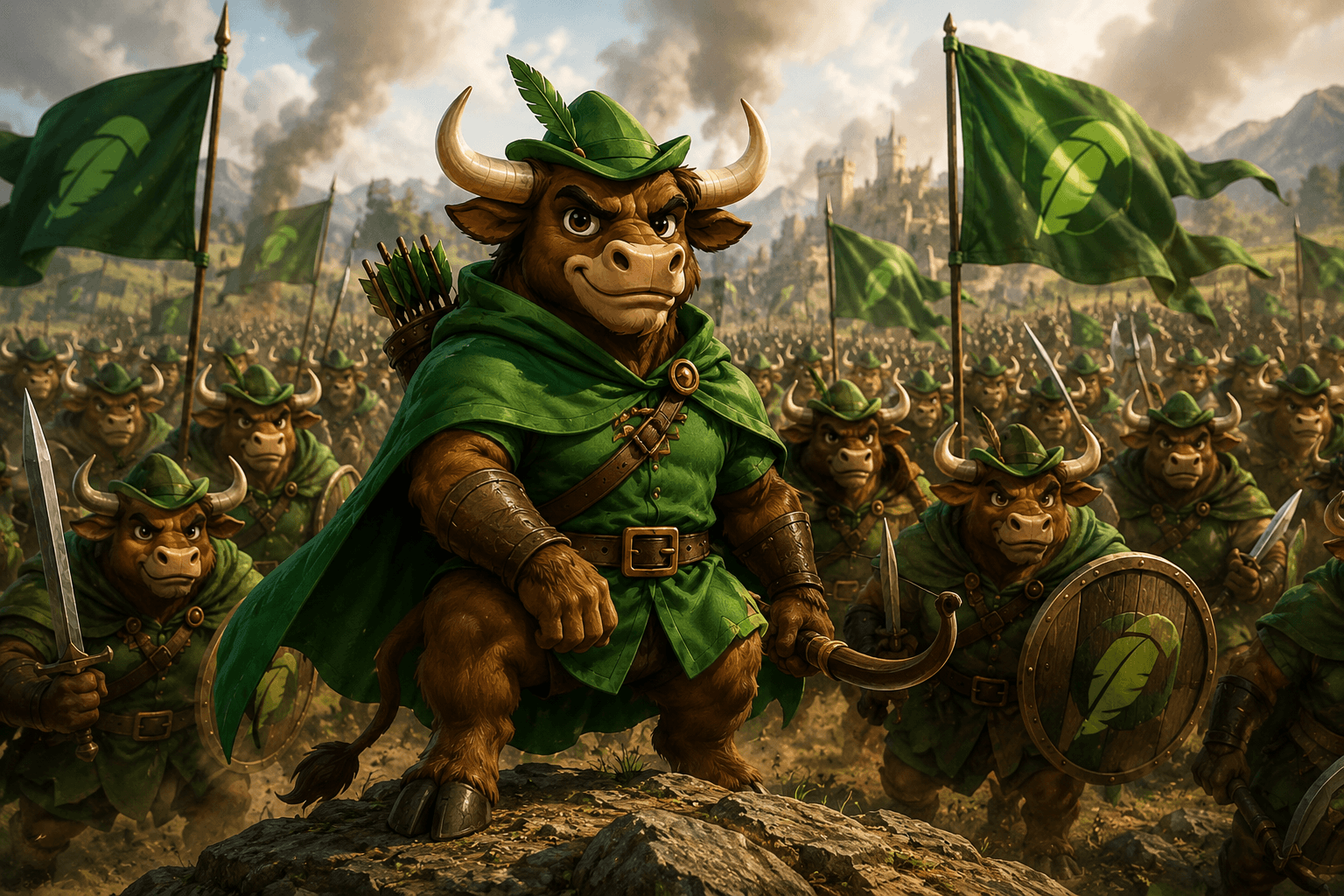 An army of bulls in green Robin Hood hats carrying feather banners, with BOW leading from a rock