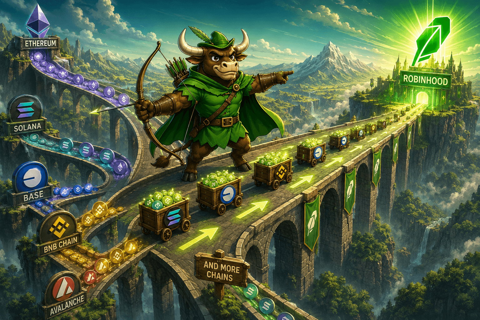 A map of roads from Ethereum, Solana, Base, BNB Chain and Avalanche, with carts of loot crossing a bridge toward a glowing Robinhood castle