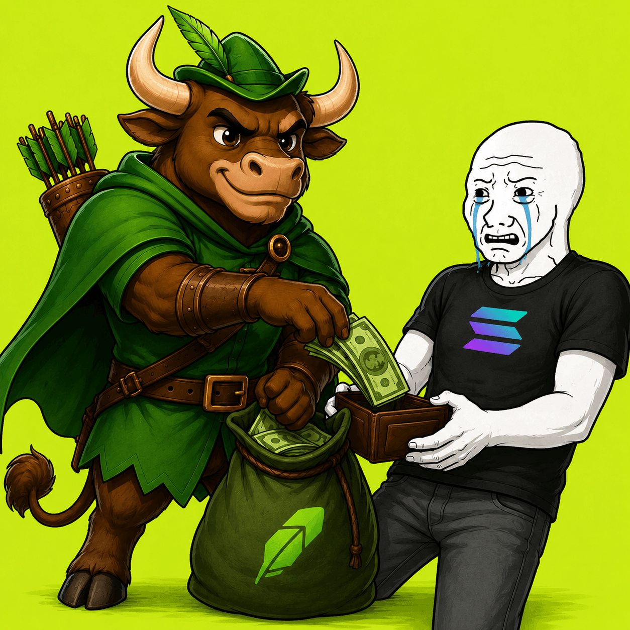 BOW the bull calmly lifting cash from a crying Solana wojak and stuffing it into a Robinhood feather sack