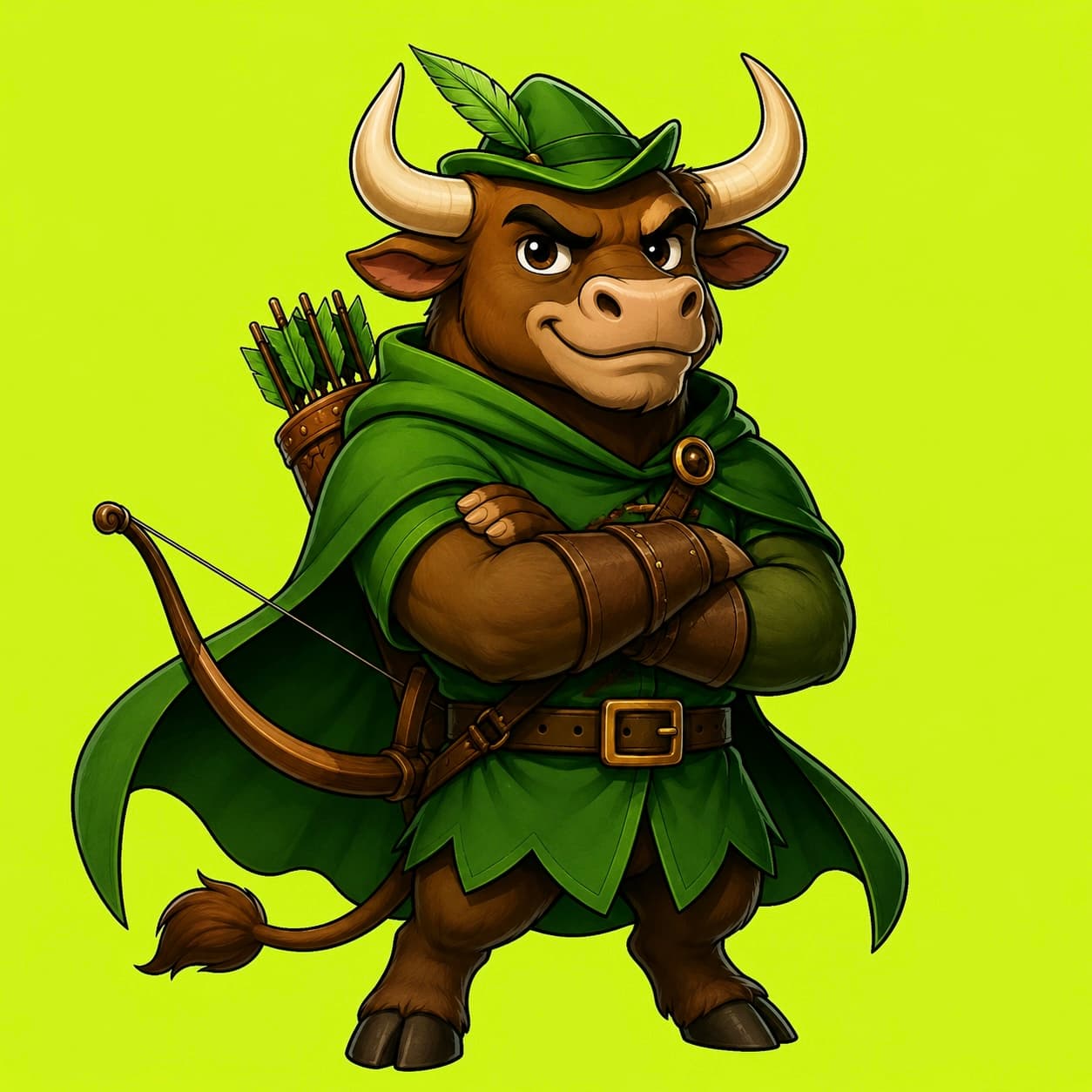 BOW the bull standing with arms crossed — hood, cape, bow and quiver