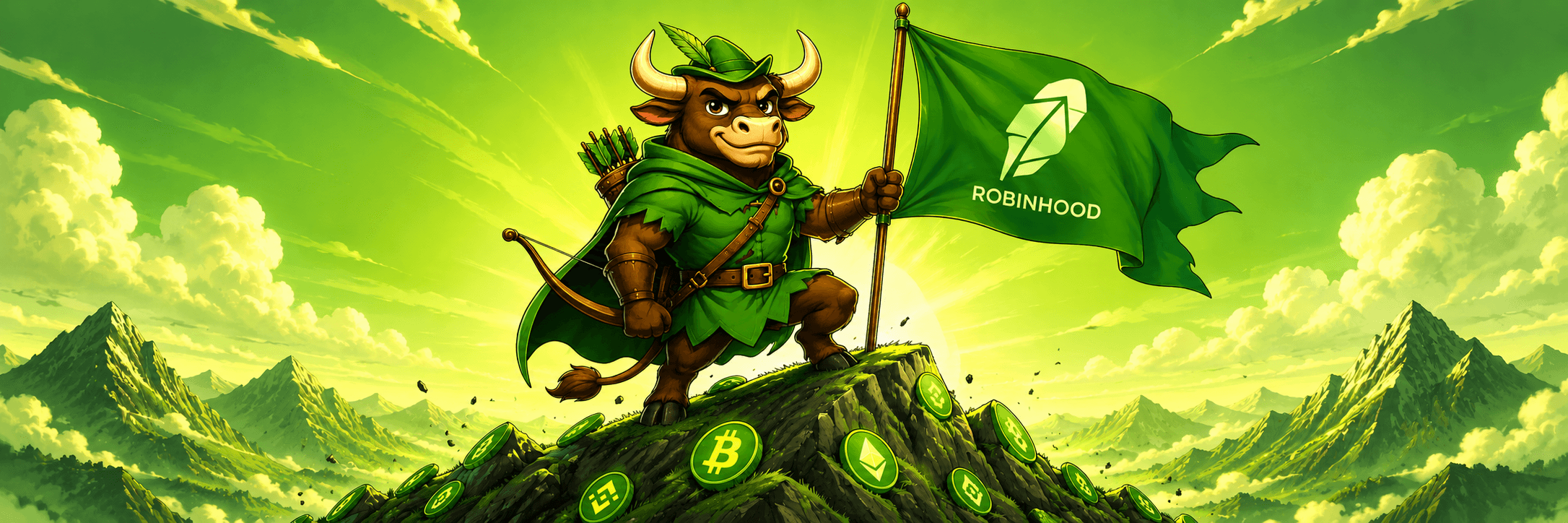 BOW the bull planting a Robinhood feather flag on a mountain summit littered with captured chain coins