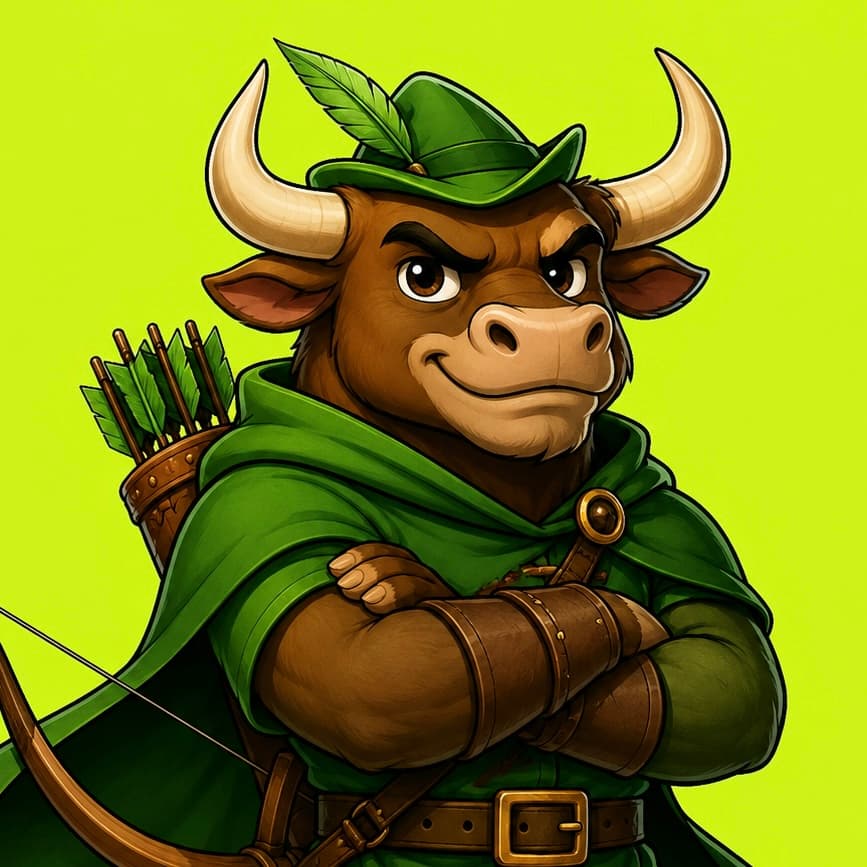 BOW — a brown bull in a green Robin Hood hood with a bow and a quiver of arrows, arms crossed