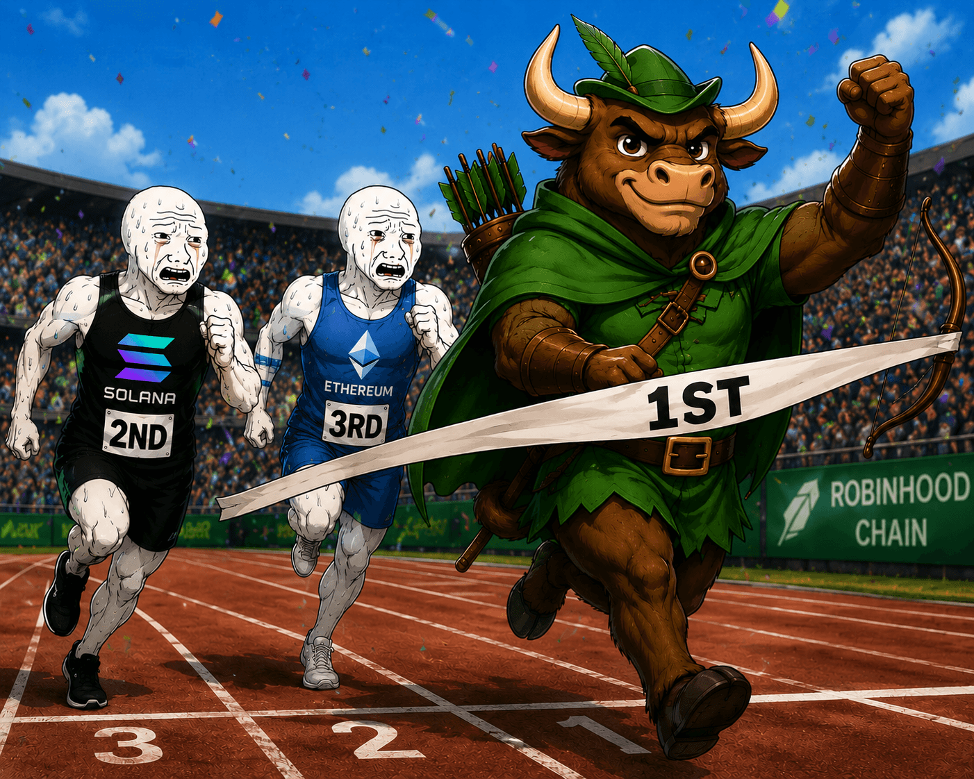 BOW the bull breaking the 1st place ribbon on a stadium track while Solana and Ethereum wojaks trail in 2nd and 3rd